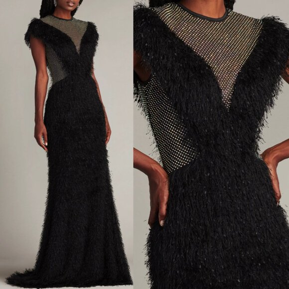 NWT Tadashi Shoji Prem Crystal embellished Eyelash Fringe Yarn Gown Dress Black